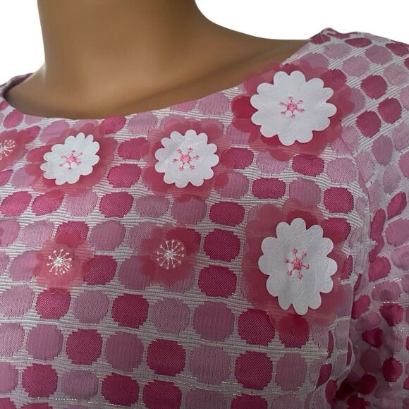 Vtg Thick Poly Mod Floral Pink Shift Dress Poka Dot Pockets Lined Boat Collar 3D - Picture 11 of 16